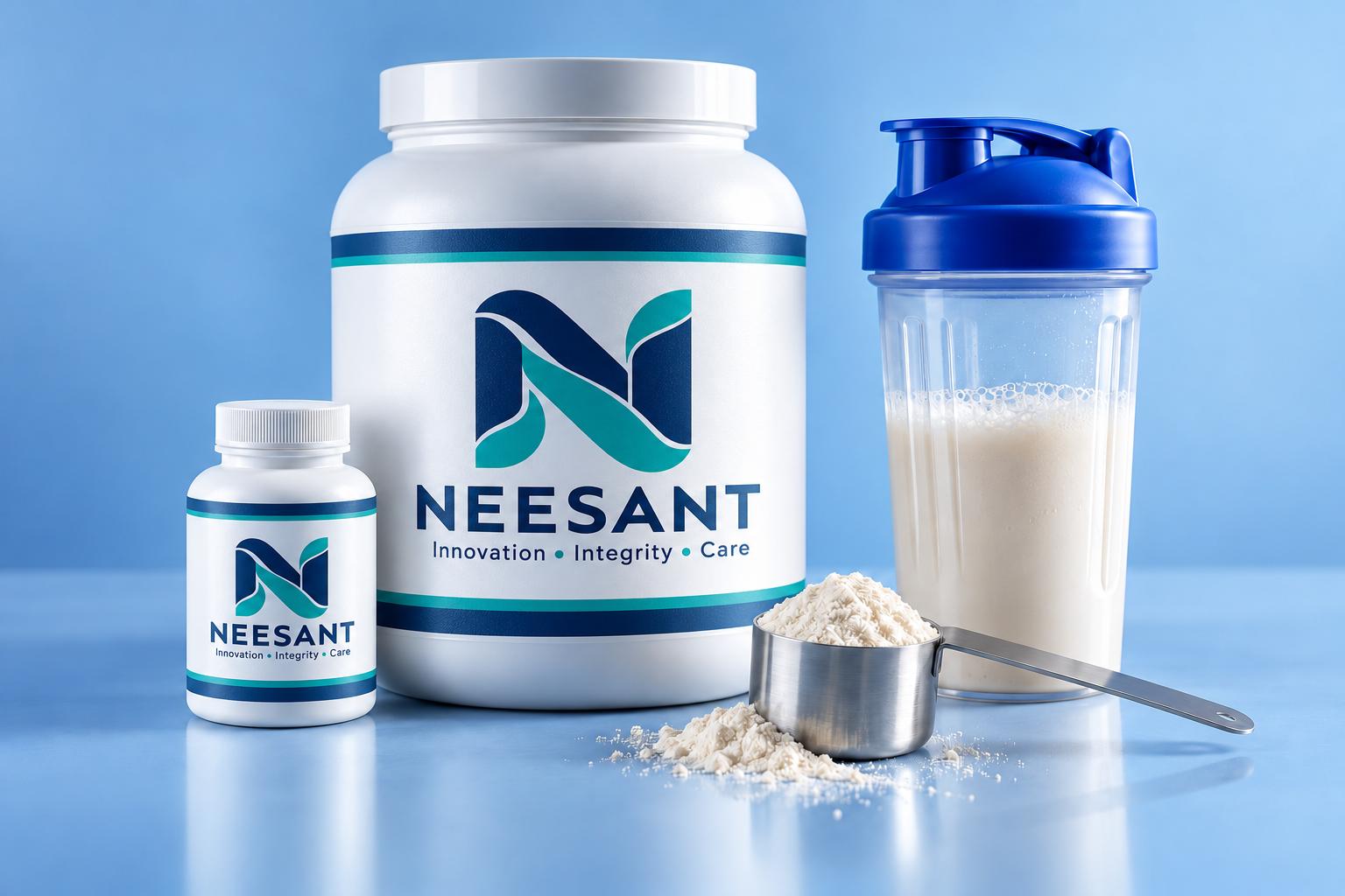 Supplement containers with Neesant branding, a shaker and protein scoop